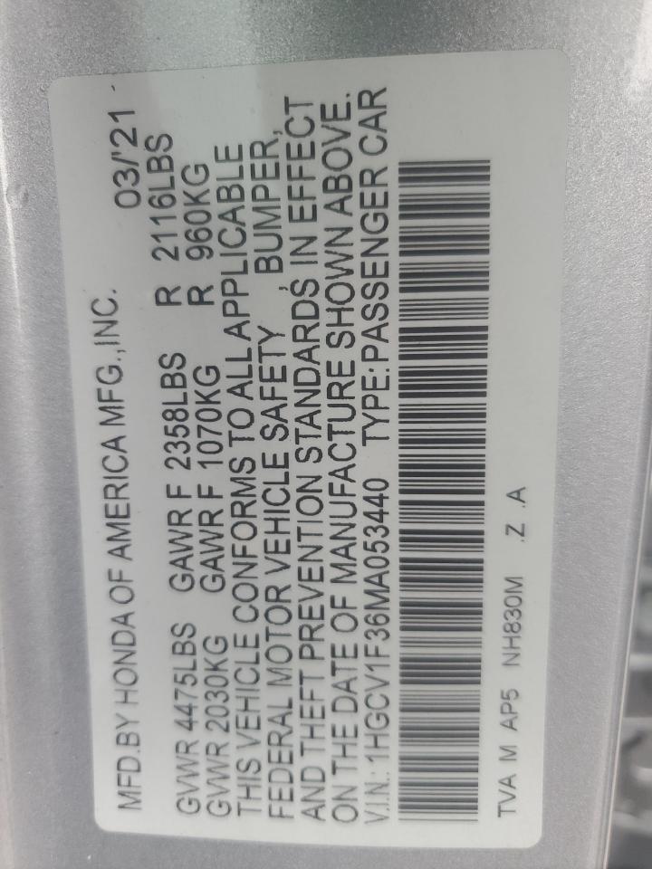 2021 Honda Accord Sport VIN: 1HGCV1F36MA053440 Lot: 71953345