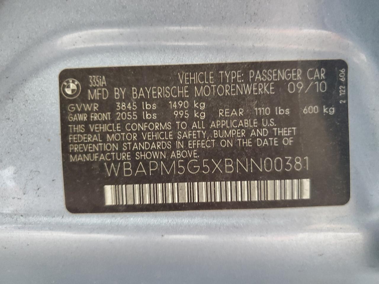 2011 BMW 335 I VIN: WBAPM5G5XBNN00381 Lot: 82165025