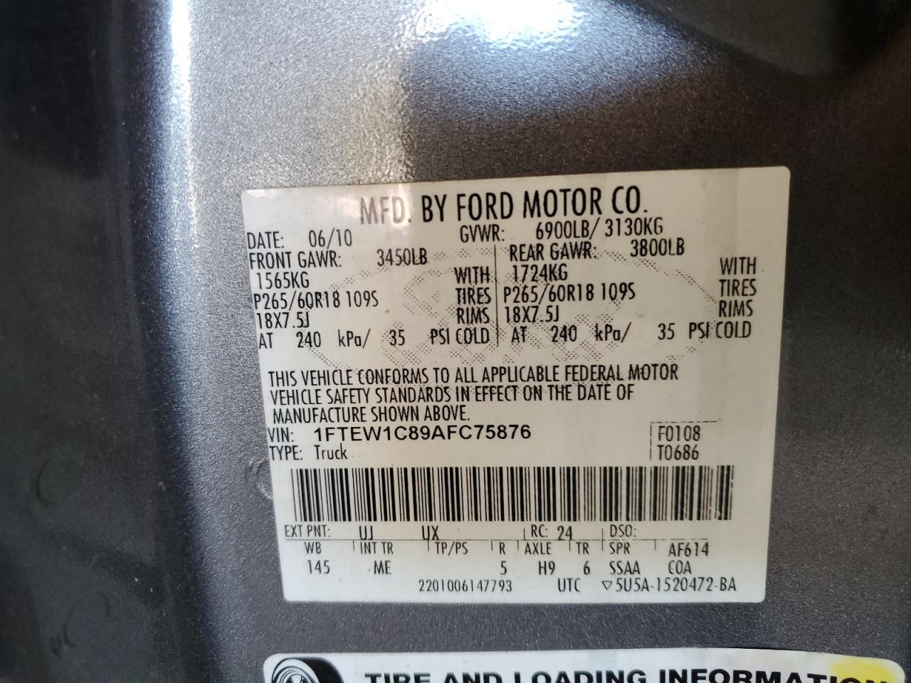 2010 Ford F150 Supercrew VIN: 1FTEW1C89AFC75876 Lot: 80264835