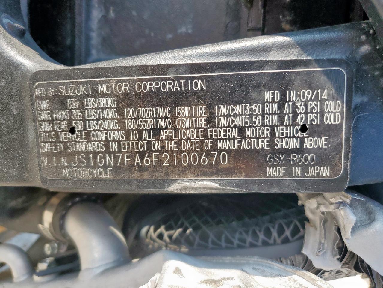 2015 Suzuki Gsx-R600 VIN: JS1GN7FA6F2100670 Lot: 71916995