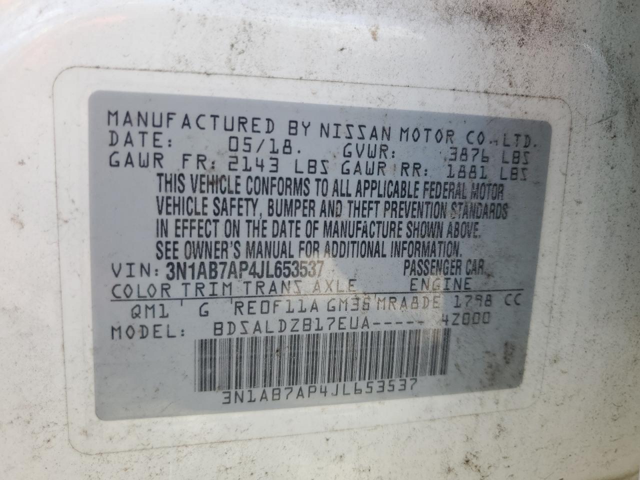 2018 Nissan Sentra S VIN: 3N1AB7AP4JL653537 Lot: 81184465