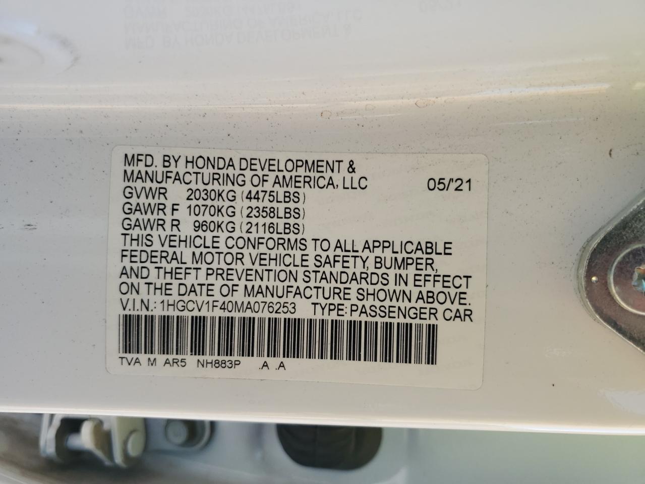 2021 Honda Accord Sport Se VIN: 1HGCV1F40MA076253 Lot: 71613375