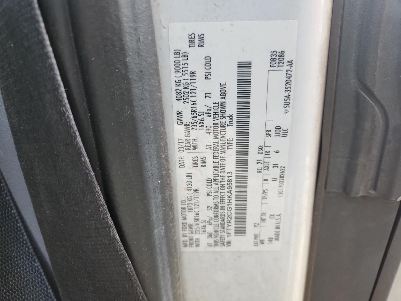 2017 Ford Transit T-250 VIN: 1FTYR2CG1HKA95813 Lot: 71812505