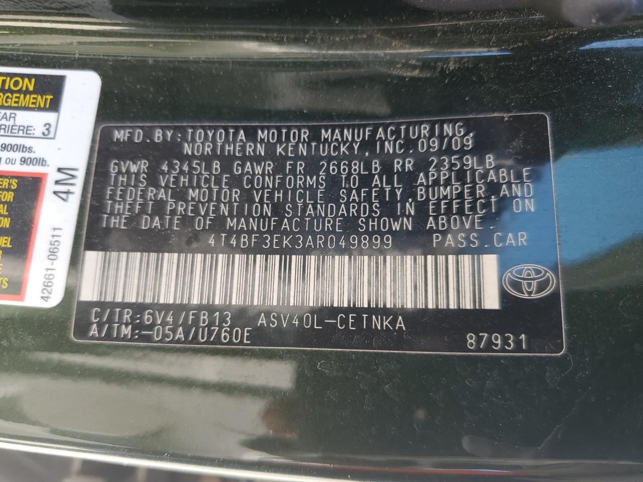 2010 Toyota Camry Base VIN: 4T4BF3EK3AR049899 Lot: 71179975