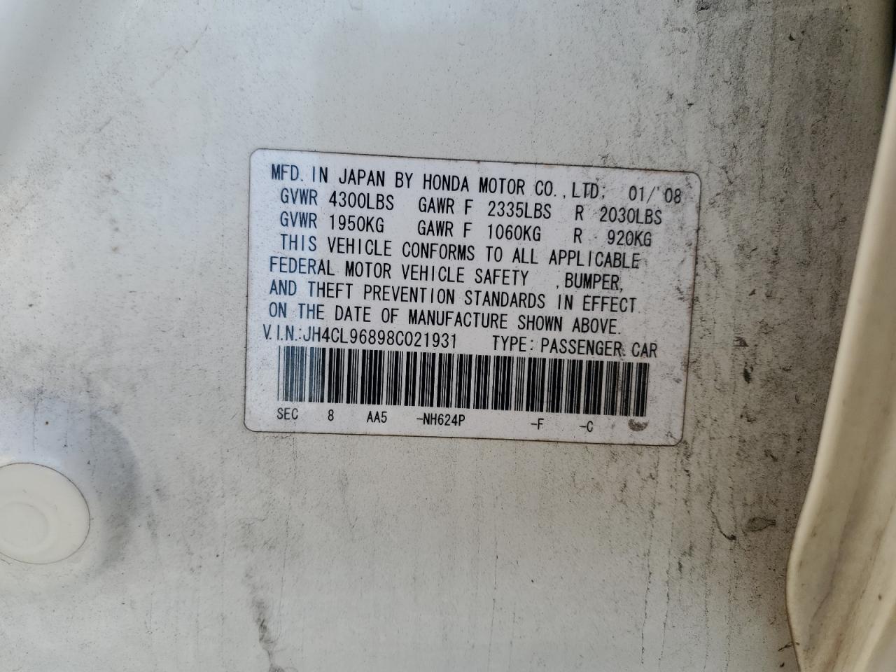 2008 Acura Tsx VIN: JH4CL96898C021931 Lot: 84169145