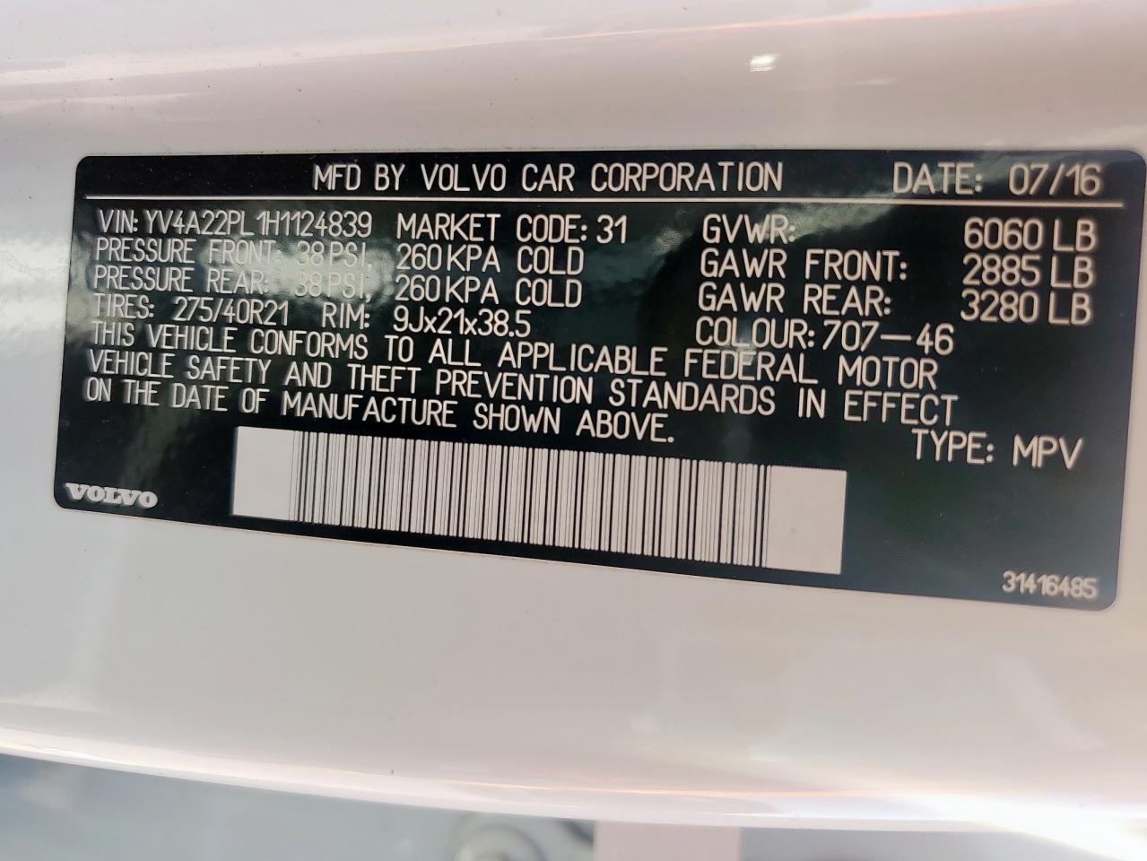 2017 Volvo Xc90 T6 VIN: YV4A22PL1H1124839 Lot: 84835765