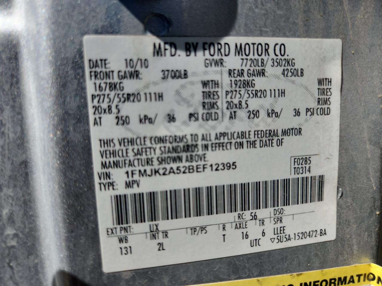 2011 Ford Expedition El Limited VIN: 1FMJK2A52BEF12395 Lot: 80884145