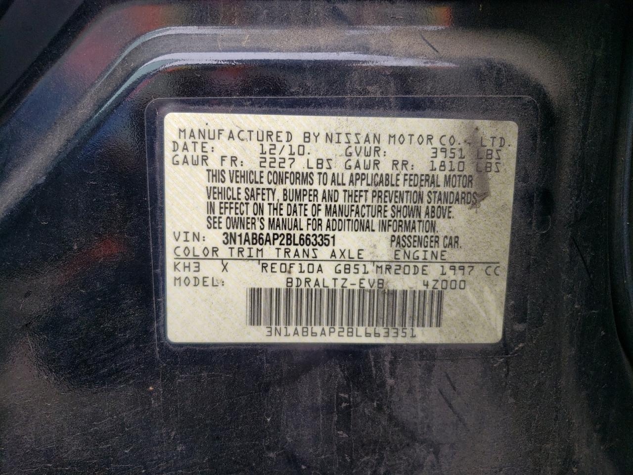 2011 Nissan Sentra 2.0 VIN: 3N1AB6AP2BL663351 Lot: 71823975