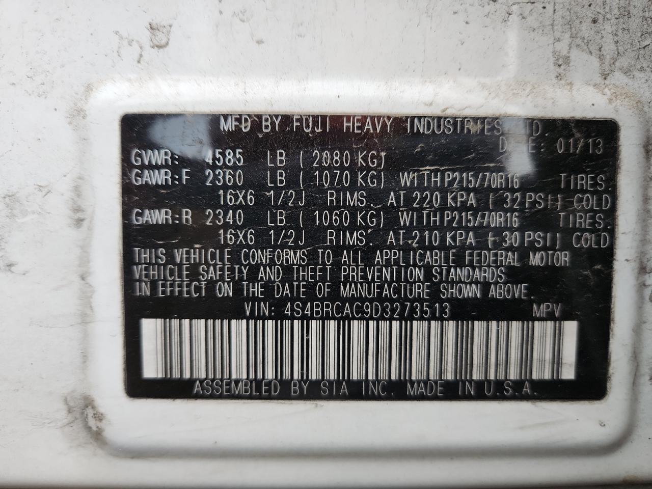 2013 Subaru Outback 2.5I VIN: 4S4BRCAC9D3273513 Lot: 81758755