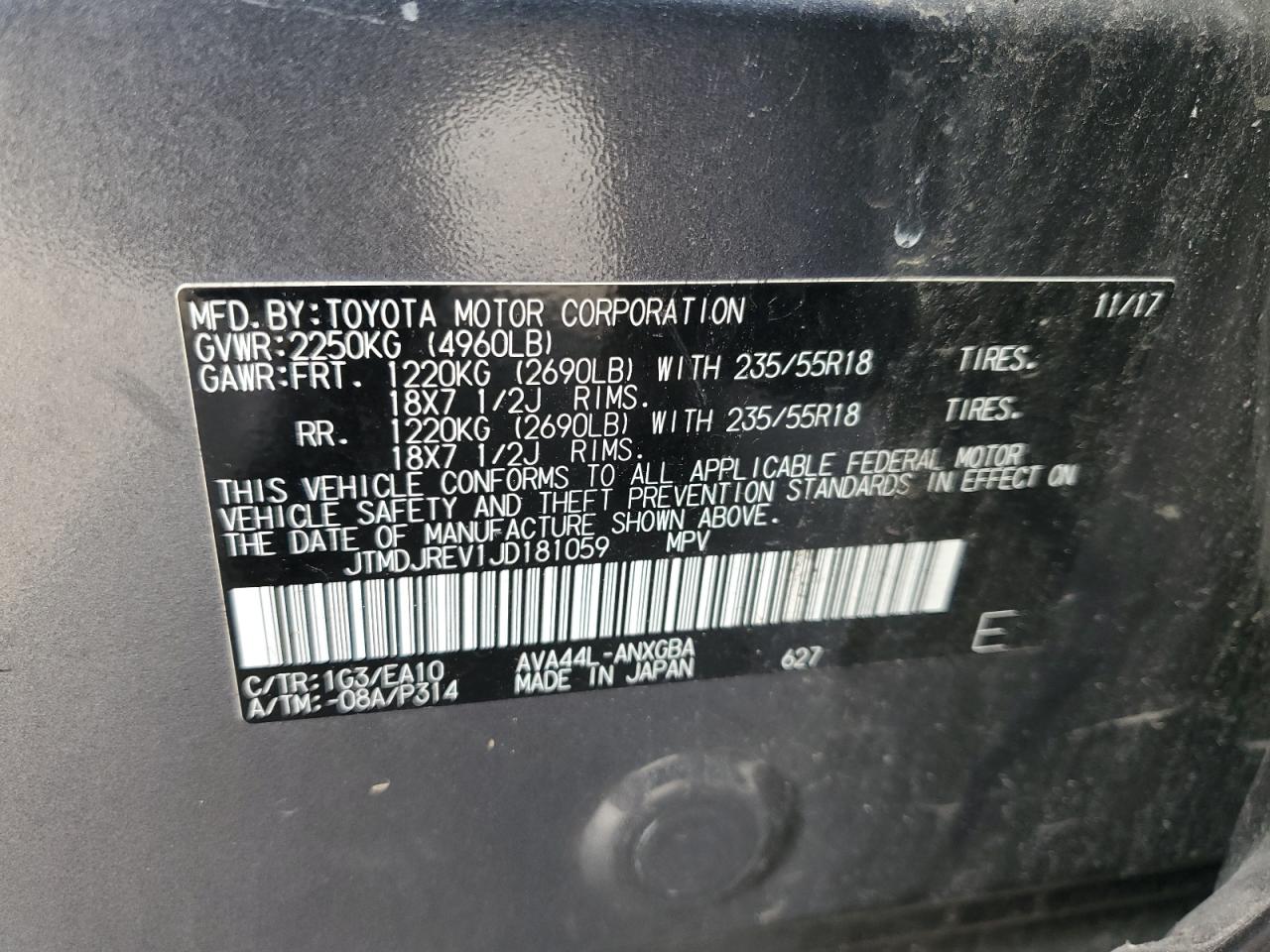 2018 Toyota Rav4 Hv Limited VIN: JTMDJREV1JD181059 Lot: 84439045