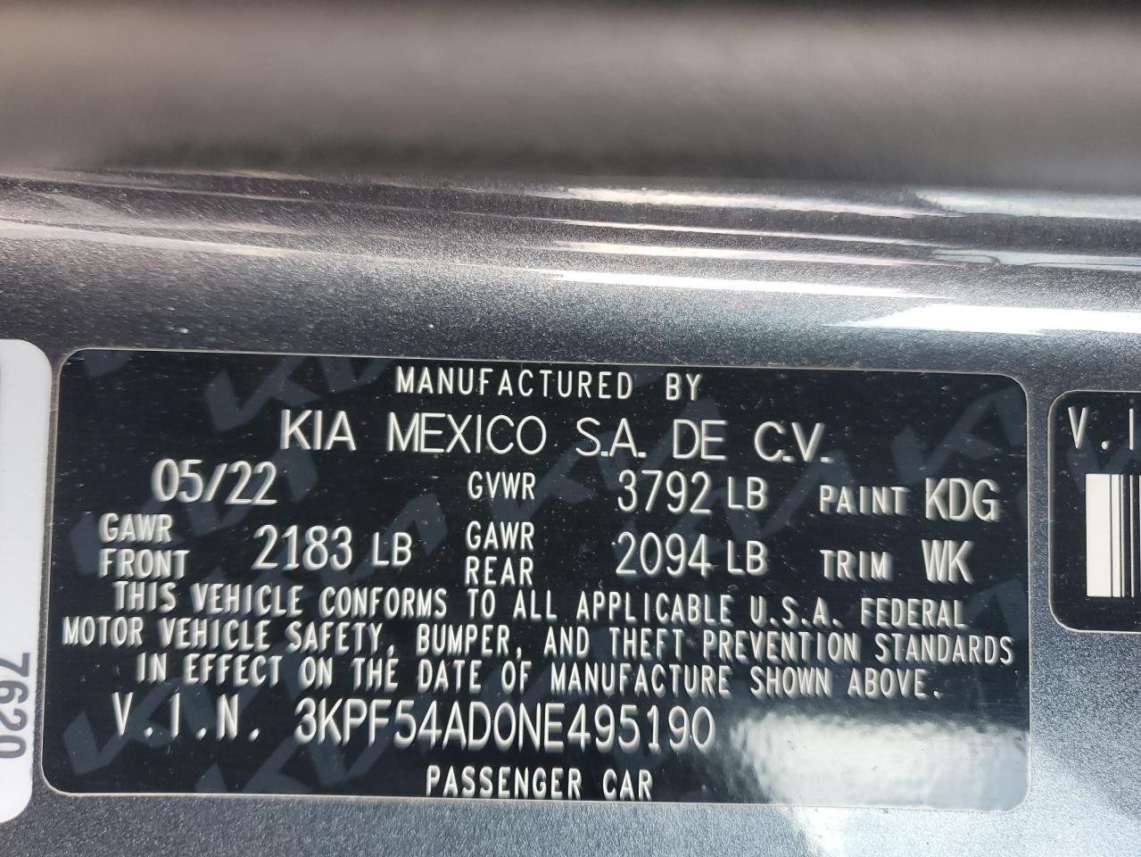 2022 Kia Forte Gt Line VIN: 3KPF54AD0NE495190 Lot: 83819475