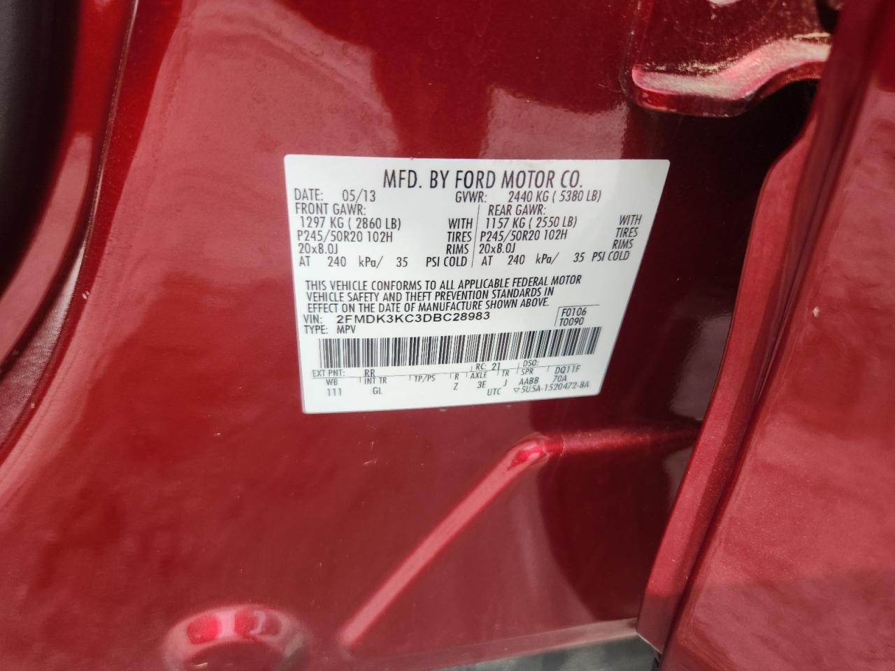 2013 Ford Edge Limited VIN: 2FMDK3KC3DBC28983 Lot: 81500435