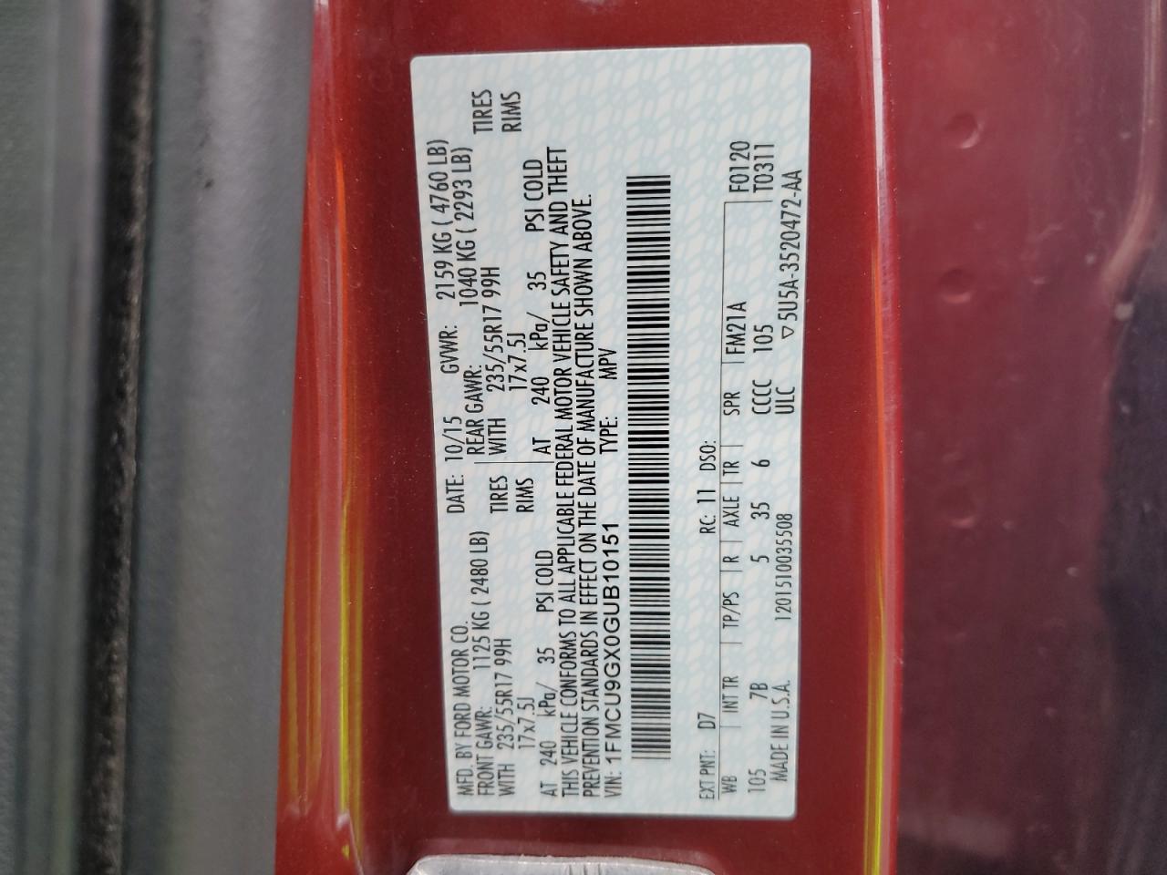 2016 Ford Escape Se VIN: 1FMCU9GX0GUB10151 Lot: 81646055