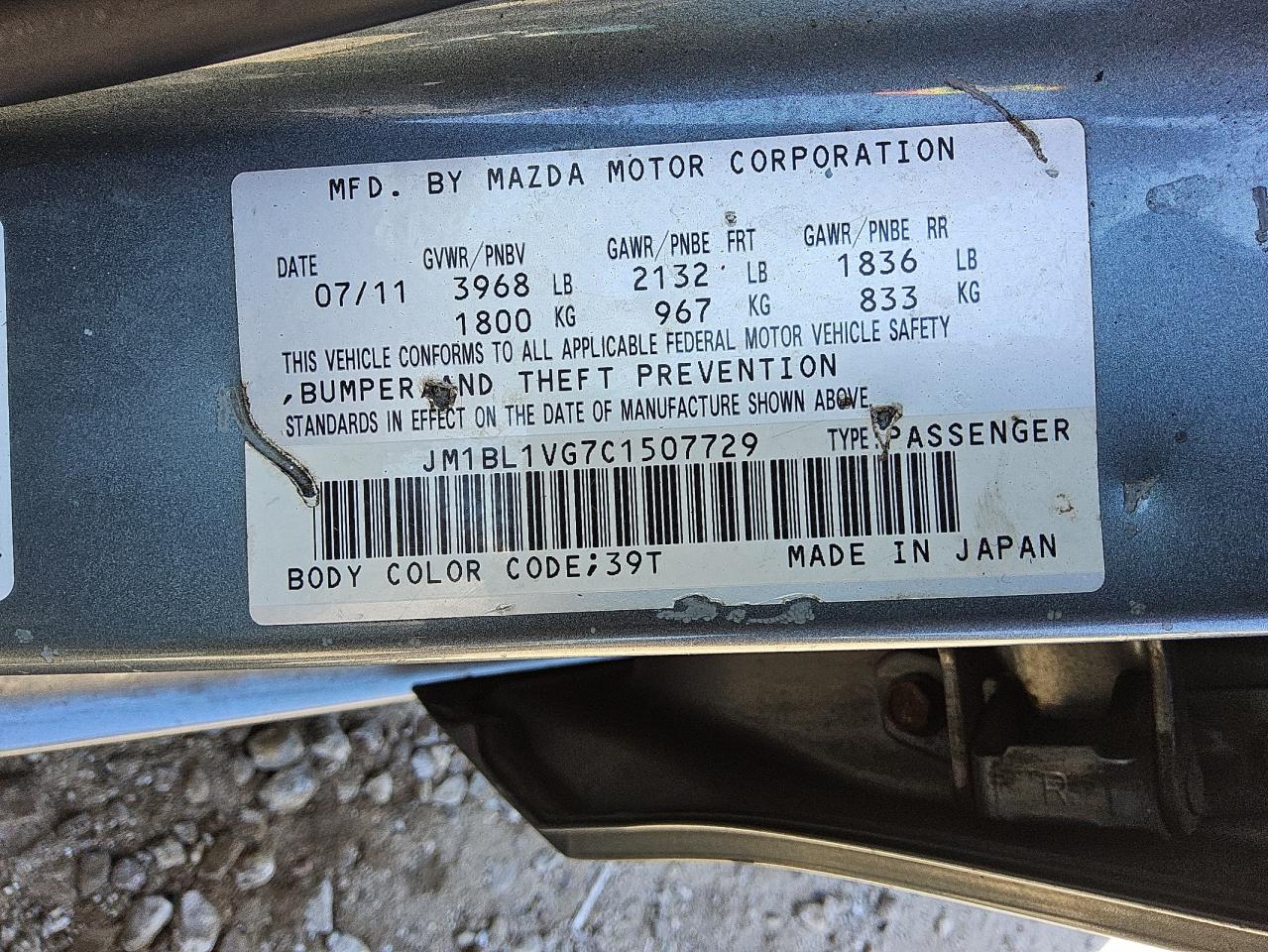 2012 Mazda 3 I VIN: JM1BL1VG7C1507729 Lot: 86701815