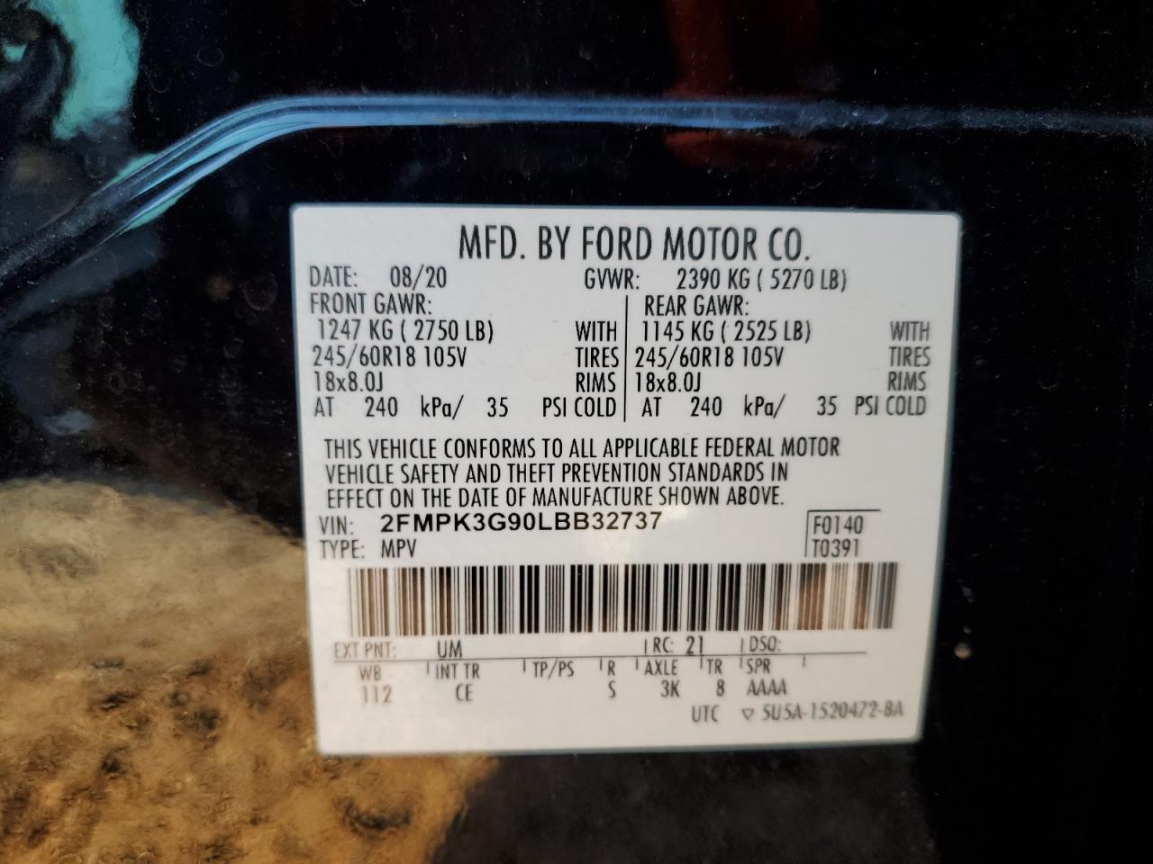 2020 Ford Edge Se VIN: 2FMPK3G90LBB32737 Lot: 69664405