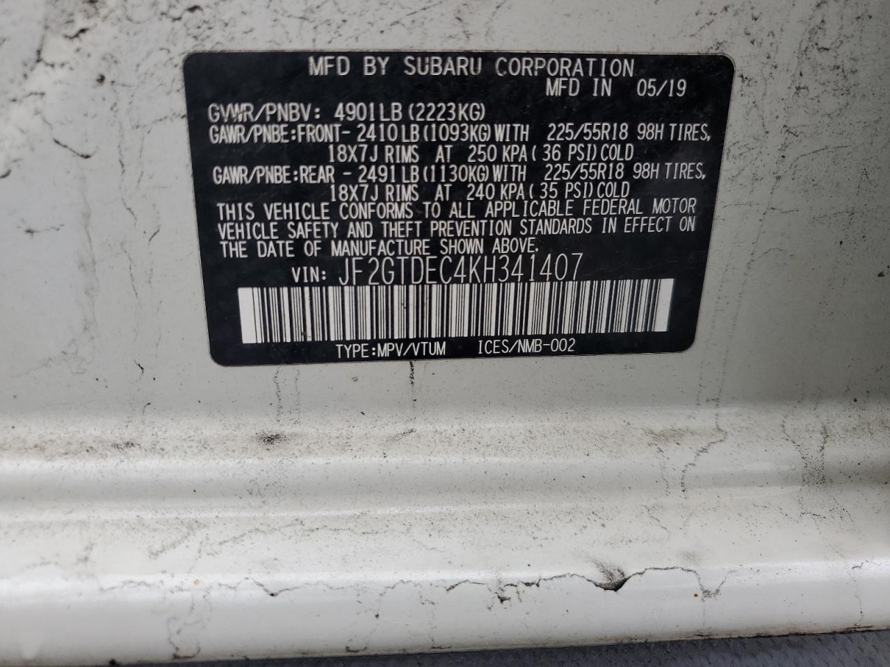 2019 Subaru Crosstrek Premium VIN: JF2GTDEC4KH341407 Lot: 82093005