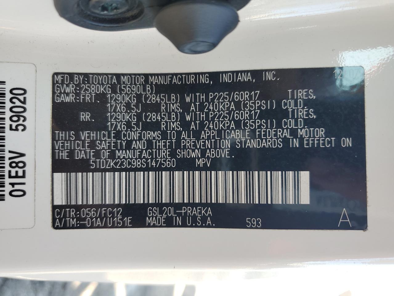 2008 Toyota Sienna Ce VIN: 5TDZK23C98S147560 Lot: 81134005