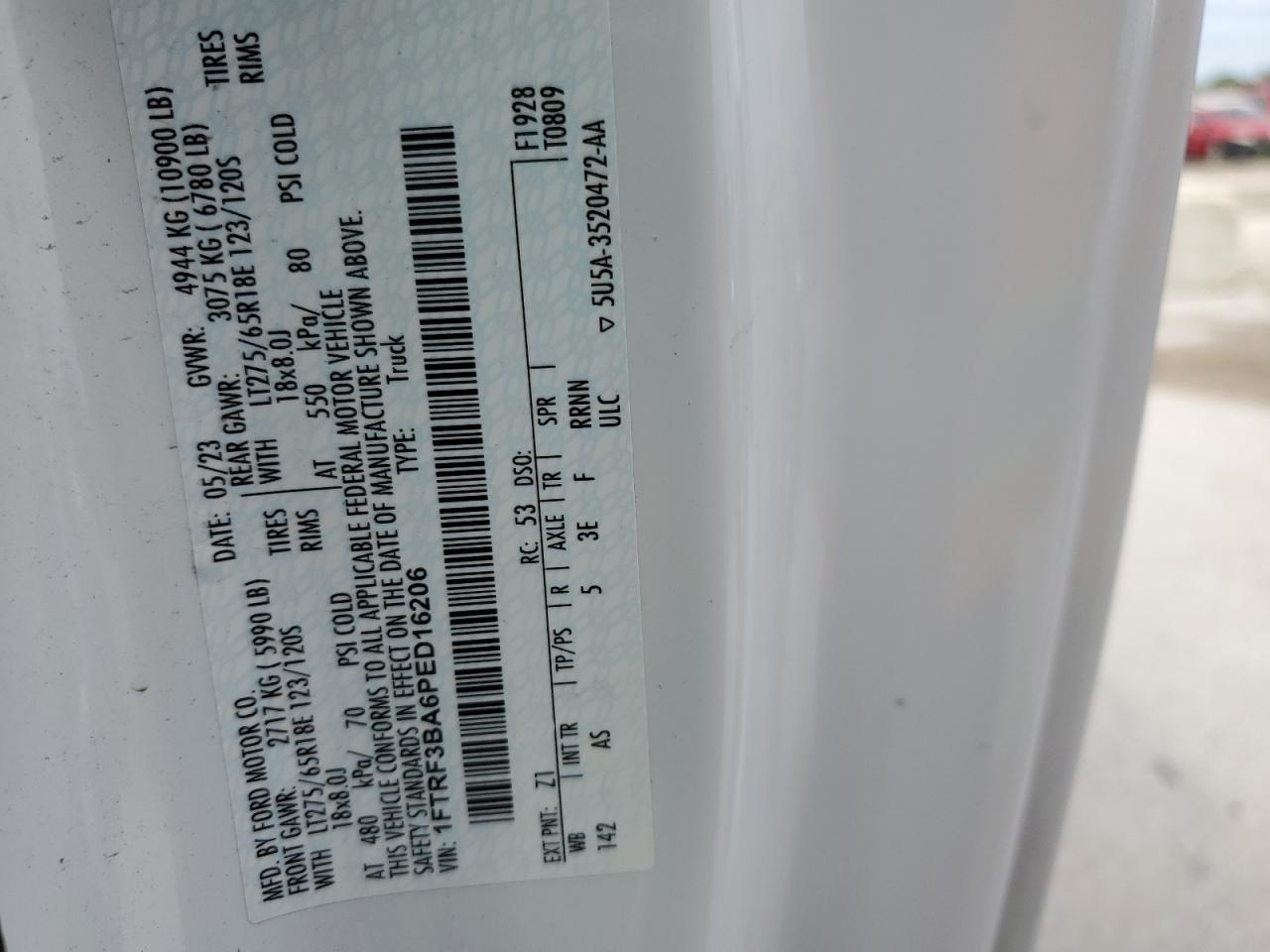 2023 Ford F350 Super Duty VIN: 1FTRF3BA6PED16206 Lot: 70479385