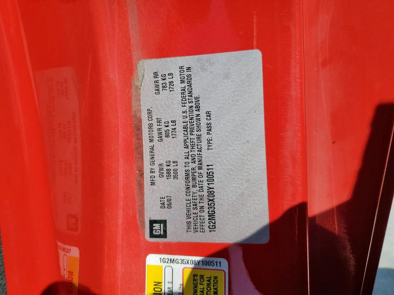 2008 Pontiac Solstice Gxp VIN: 1G2MG35X08Y100511 Lot: 71448485