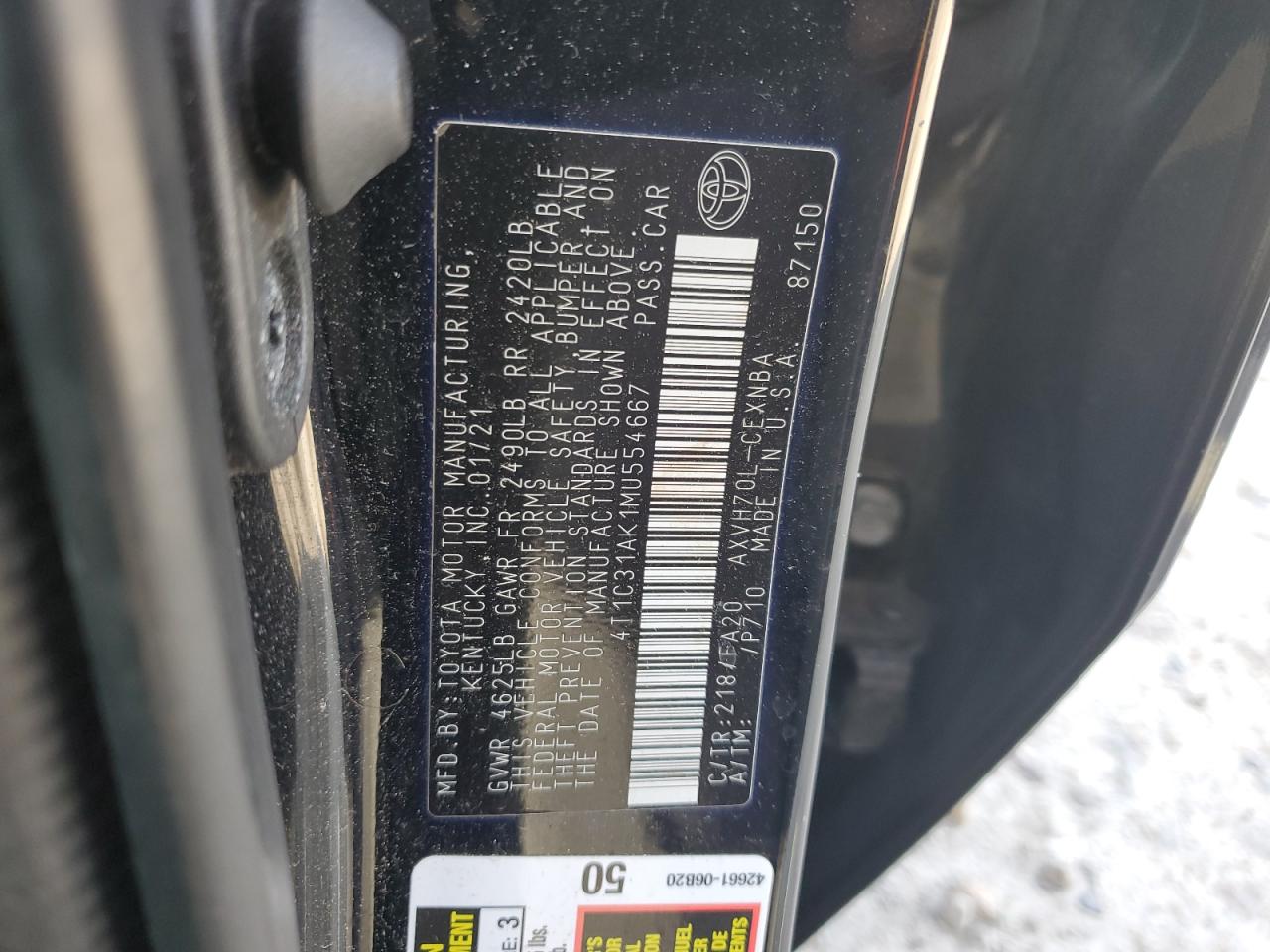 2021 Toyota Camry Le VIN: 4T1C31AK1MU554667 Lot: 72074985