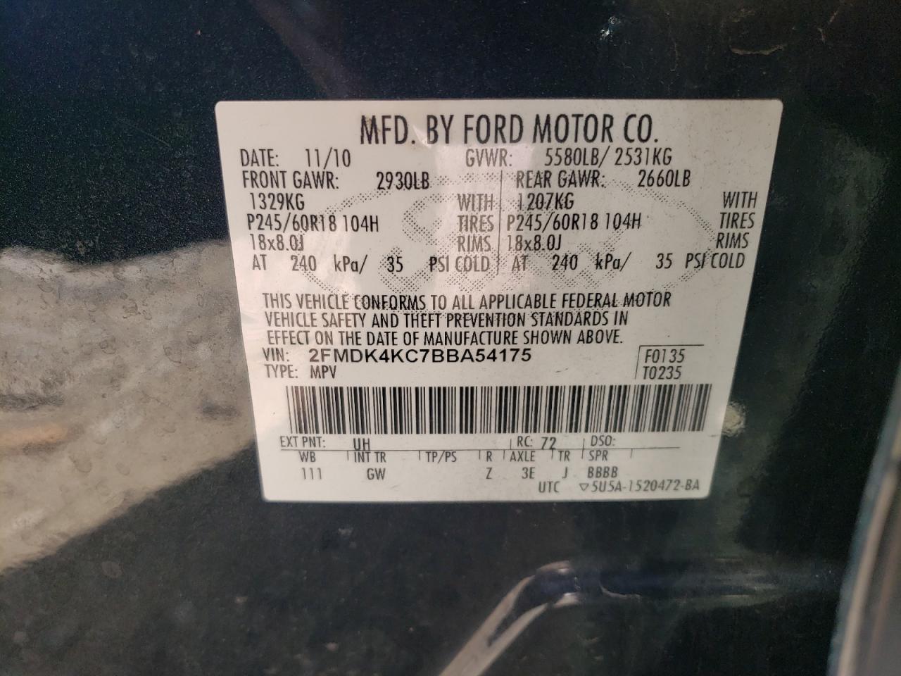 2011 Ford Edge Limited VIN: 2FMDK4KC7BBA54175 Lot: 81801575