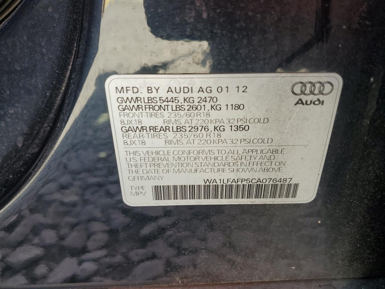 2012 Audi Q5 Premium Plus VIN: WA1LFAFP5CA076487 Lot: 84540125