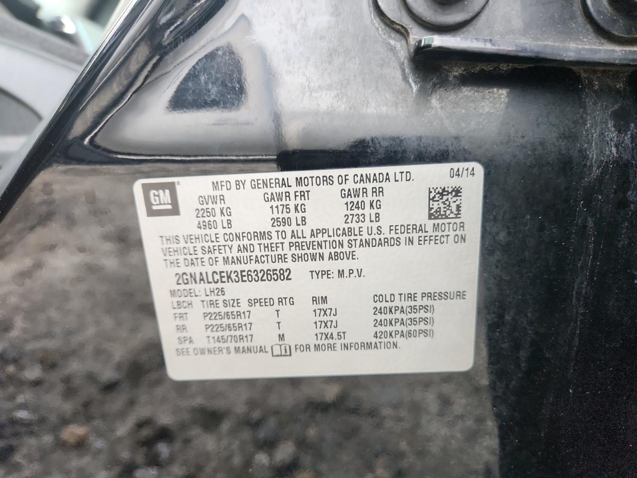 2014 Chevrolet Equinox Lt VIN: 2GNALCEK3E6326582 Lot: 81884405