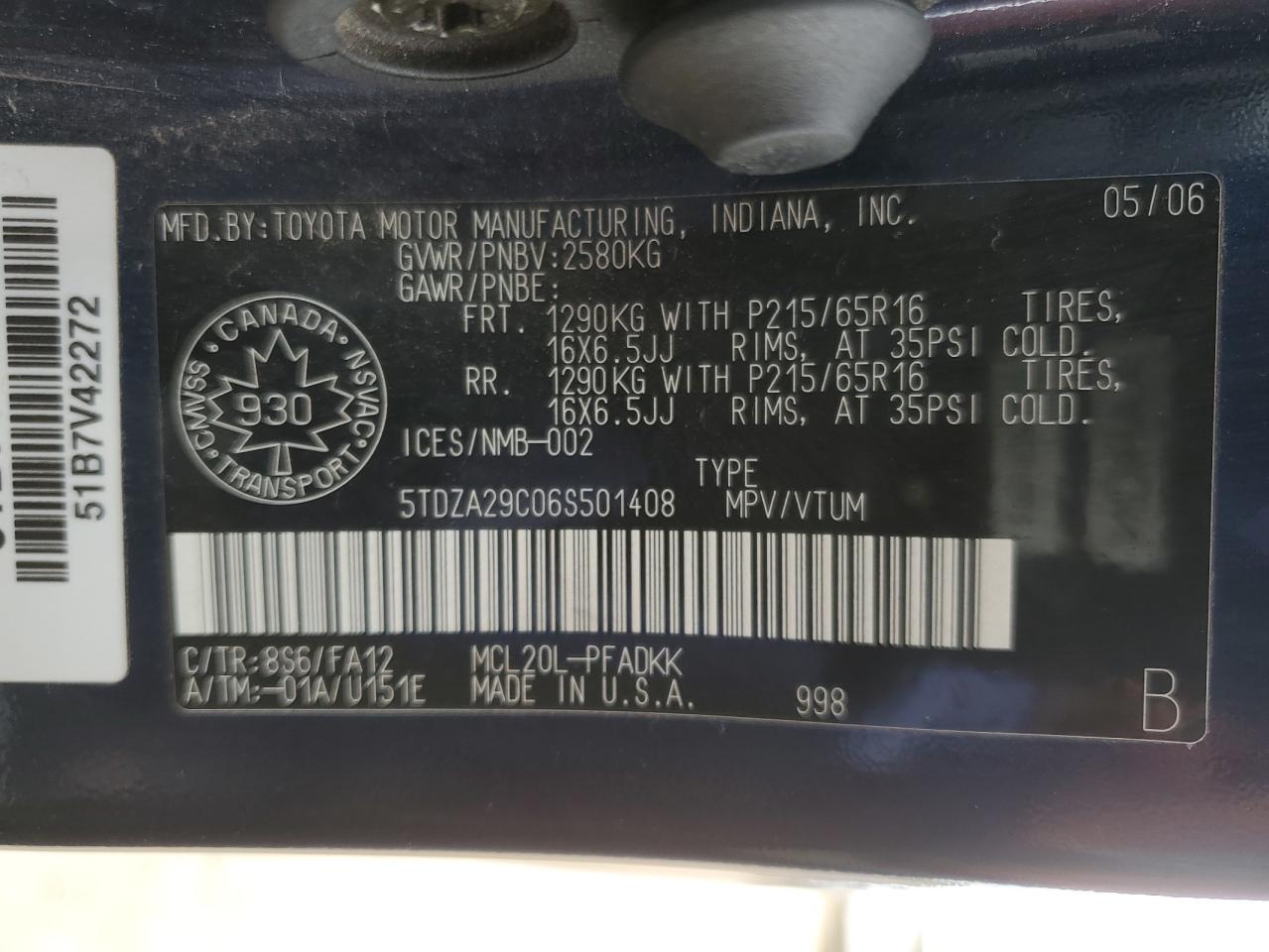 2006 Toyota Sienna Ce VIN: 5TDZA29C06S501408 Lot: 84437765