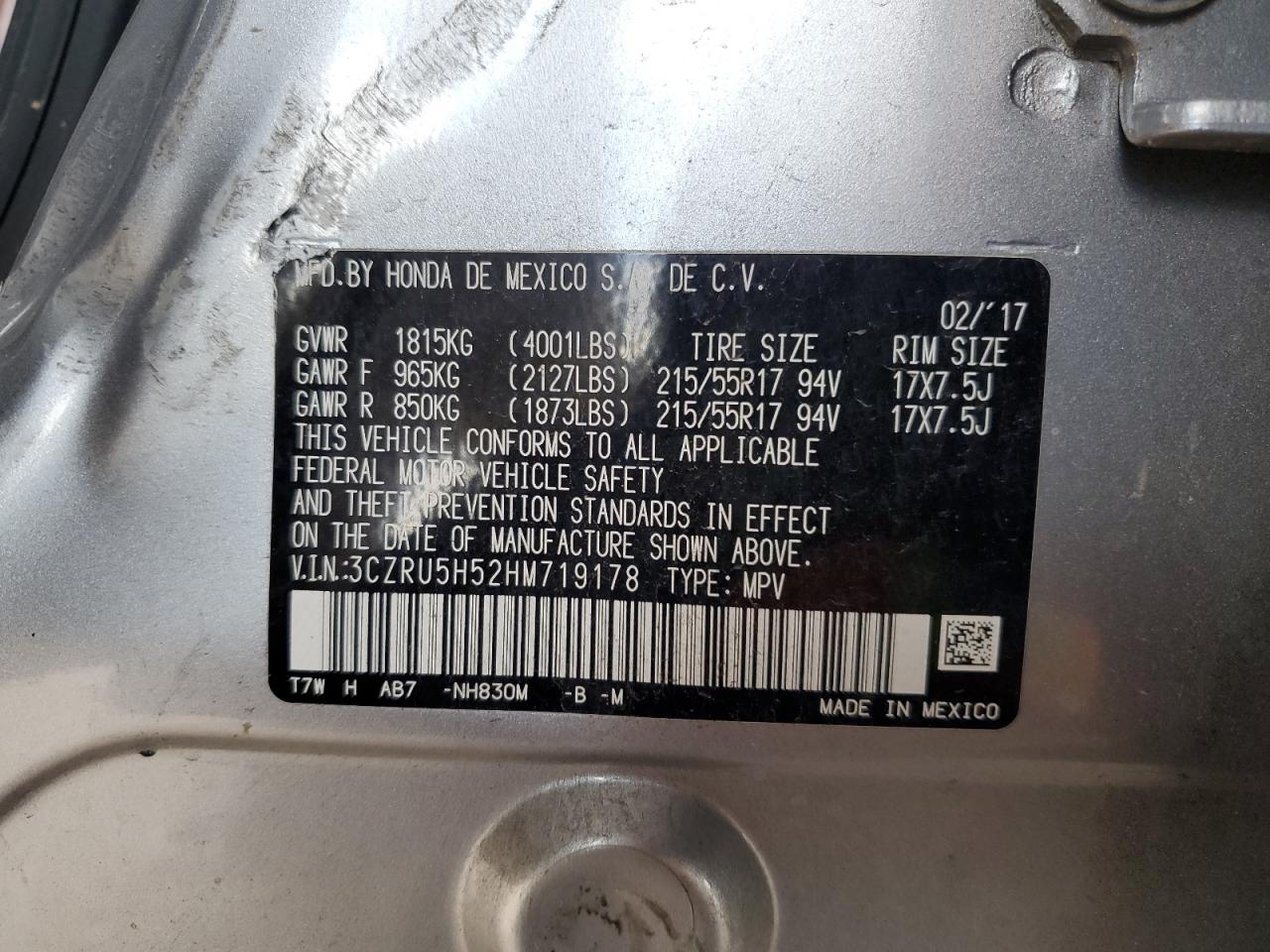 2017 Honda Hr-V Ex VIN: 3CZRU5H52HM719178 Lot: 81660065