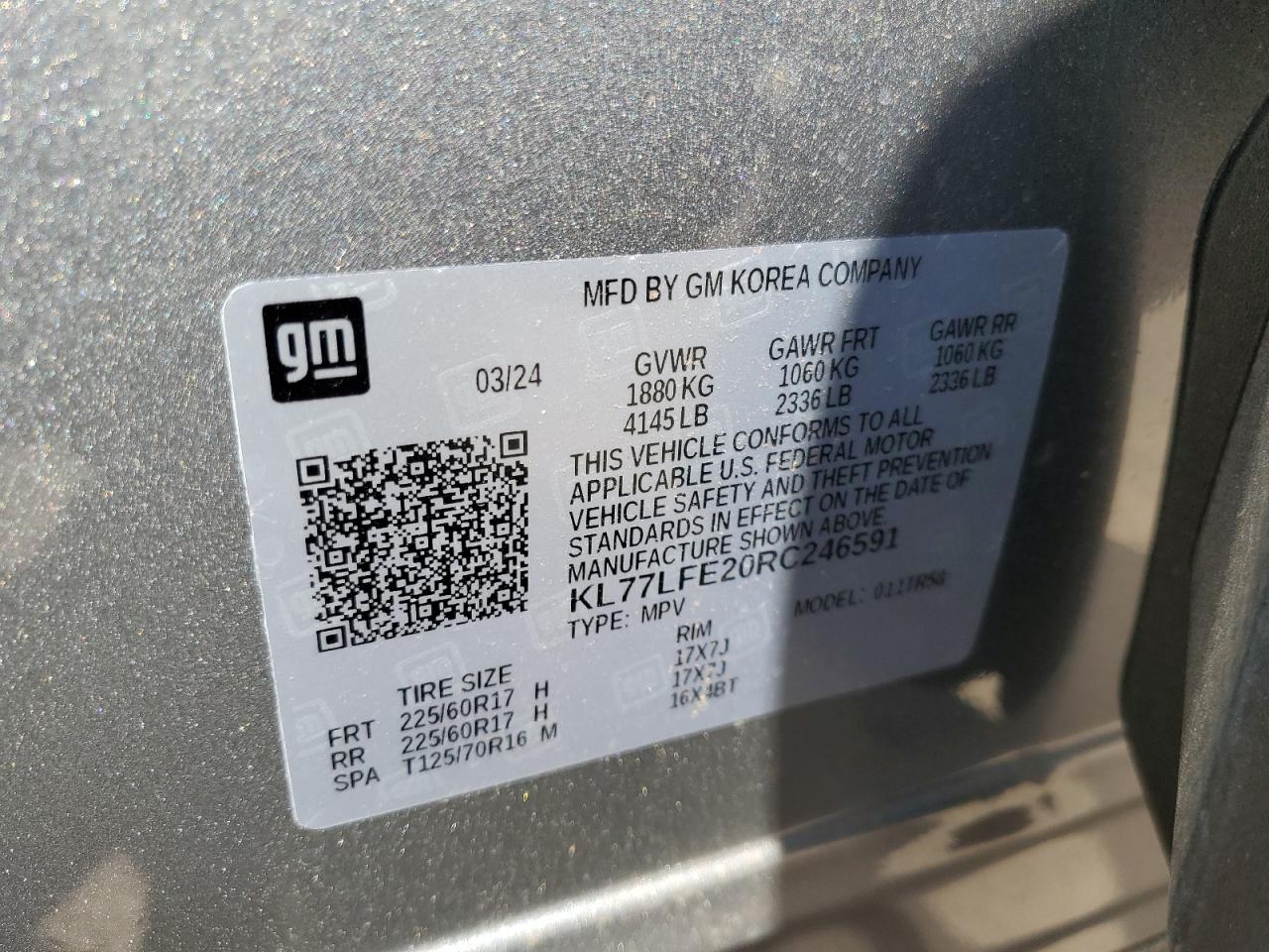 2024 Chevrolet Trax Ls VIN: KL77LFE20RC246591 Lot: 72100655