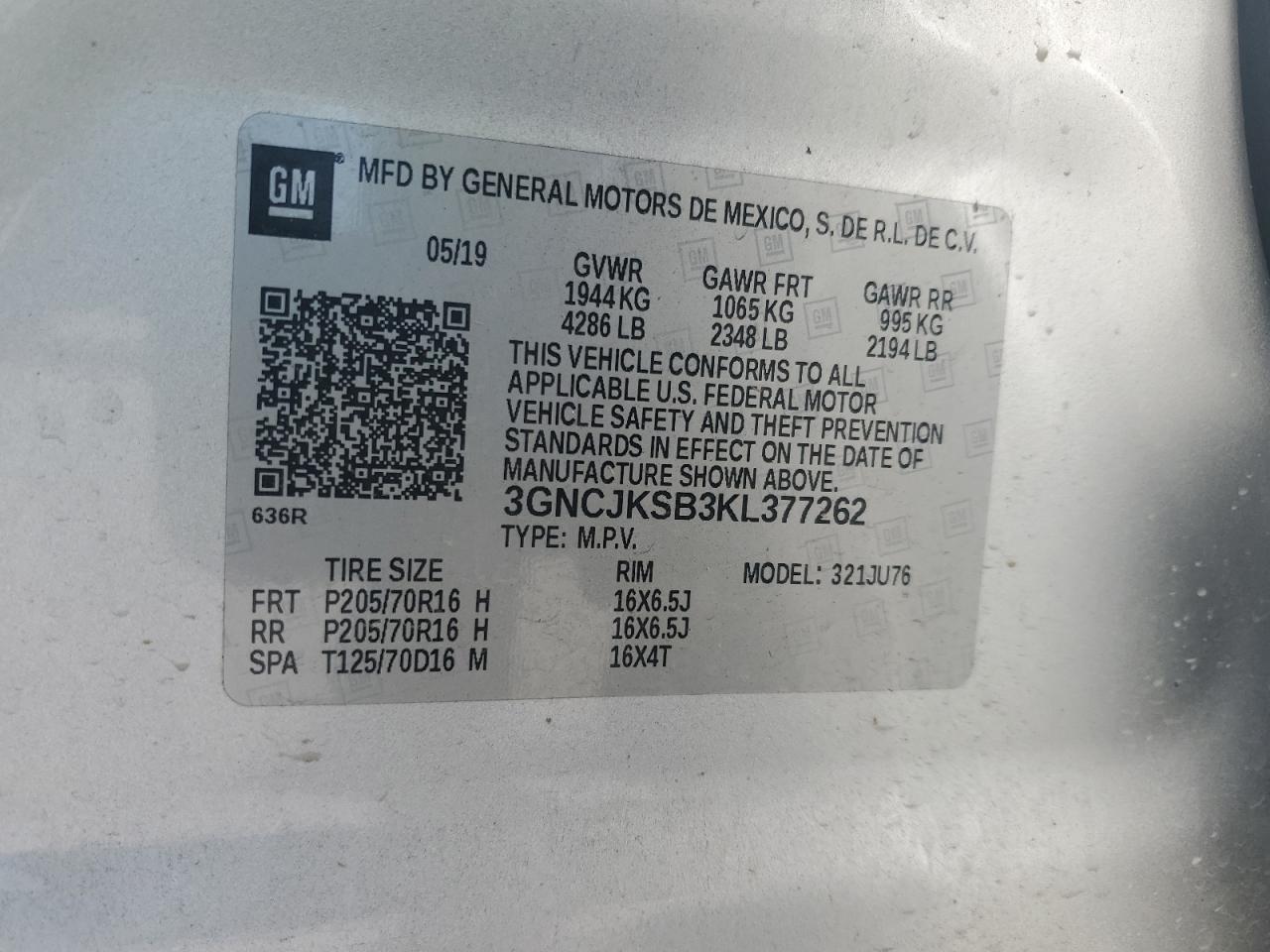 2019 Chevrolet Trax Ls VIN: 3GNCJKSB3KL377262 Lot: 81862135