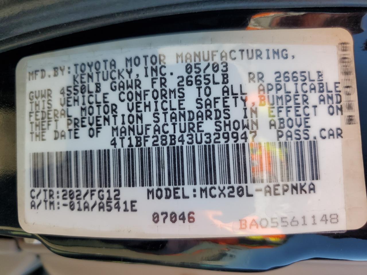 2003 Toyota Avalon Xl VIN: 4T1BF28B43U329947 Lot: 81717775