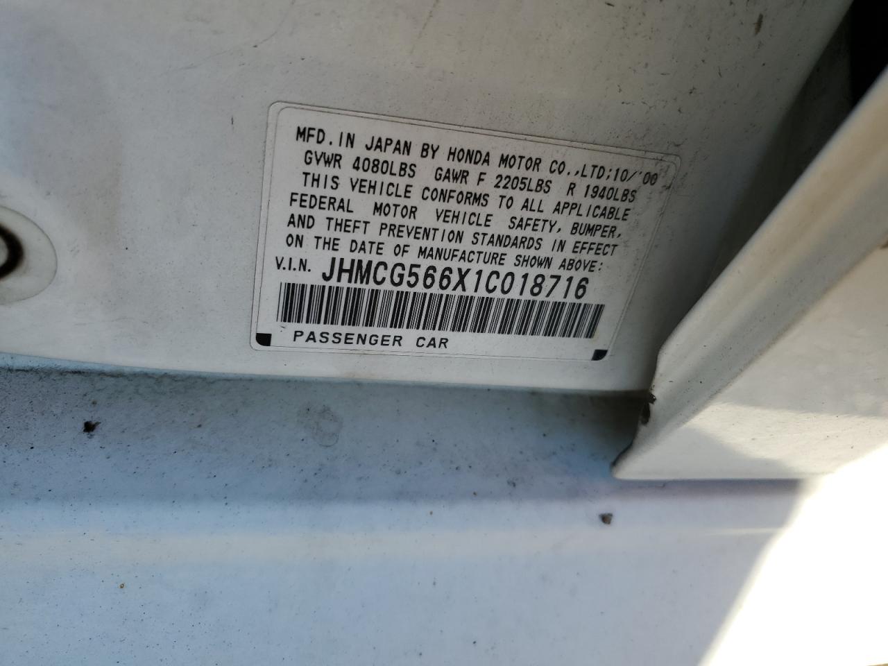 2001 Honda Accord Ex VIN: JHMCG566X1C018716 Lot: 82086725