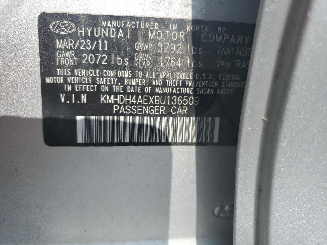 2011 Hyundai Elantra Gls VIN: KMHDH4AEXBU136509 Lot: 81689355