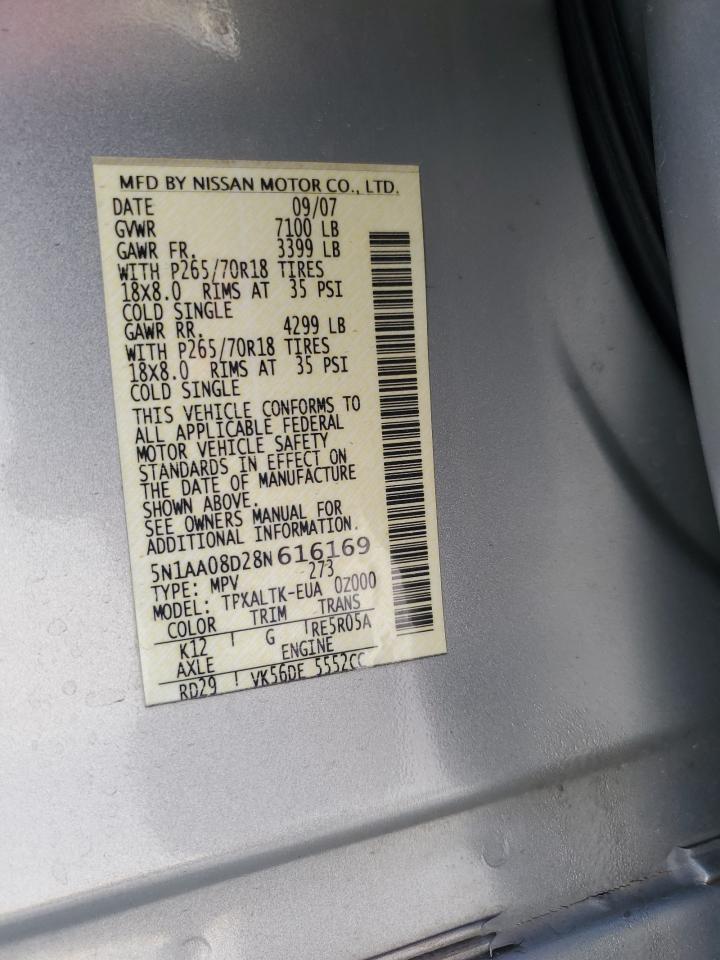 2008 Nissan Armada Se VIN: 5N1AA08D28N616169 Lot: 83847945