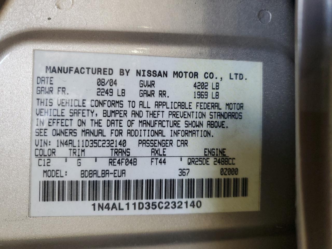 2005 Nissan Altima S VIN: 1N4AL11D35C232140 Lot: 80538845