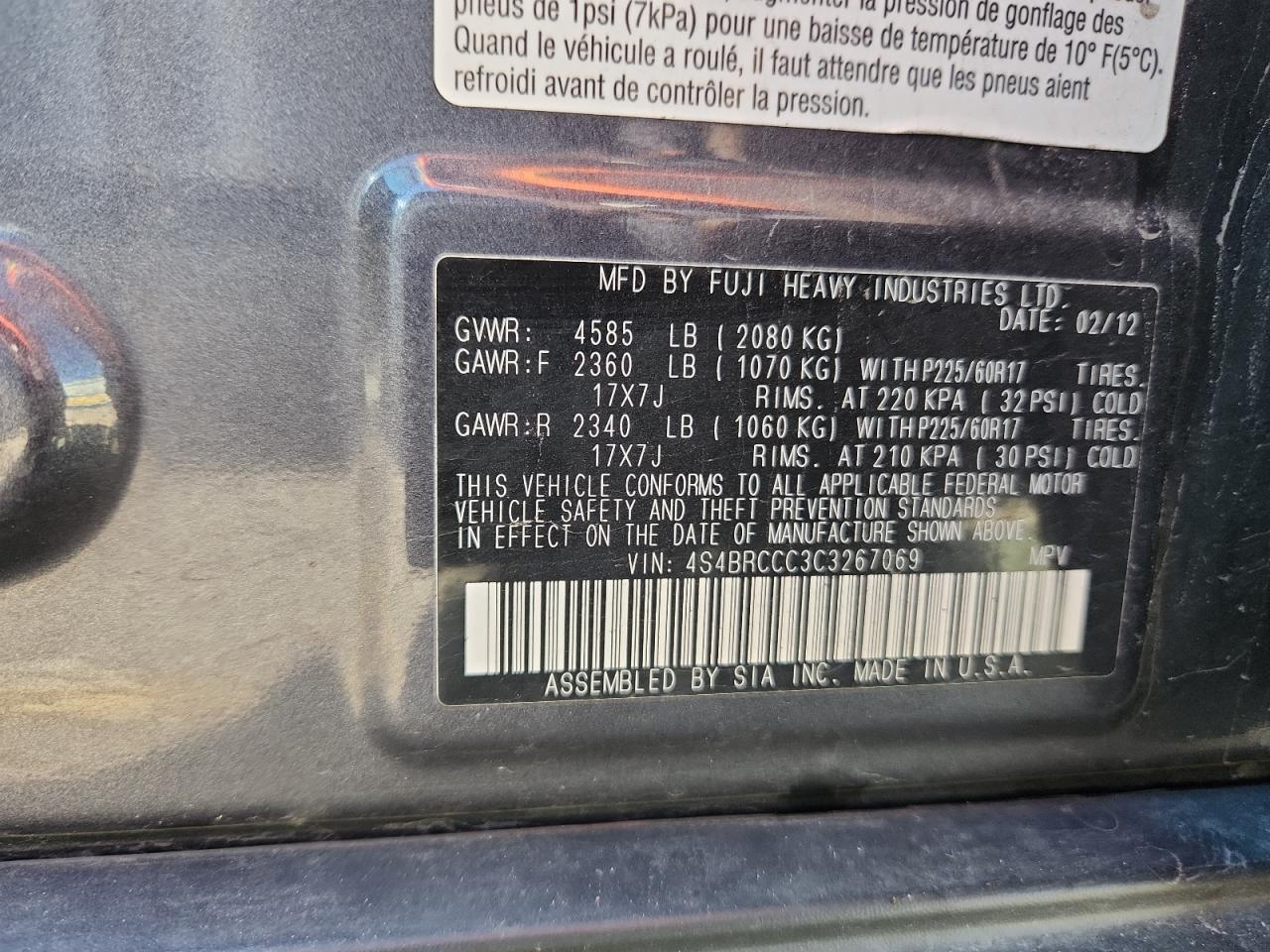 2012 Subaru Outback 2.5I Premium VIN: 4S4BRCCC3C3267069 Lot: 81277315