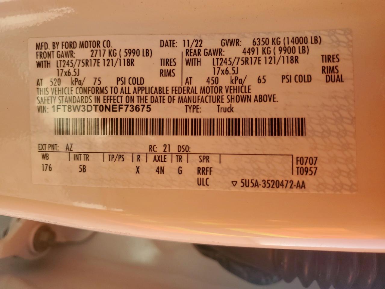 2022 Ford F350 Super Duty VIN: 1FT8W3DT0NEF73675 Lot: 81381805