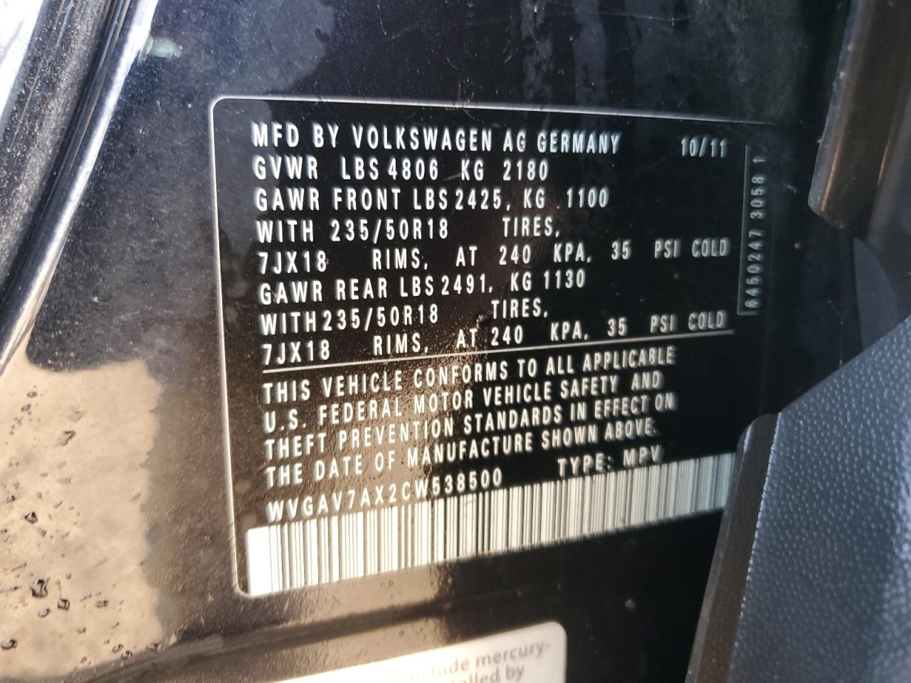 2012 Volkswagen Tiguan S VIN: WVGAV7AX2CW538500 Lot: 81325325