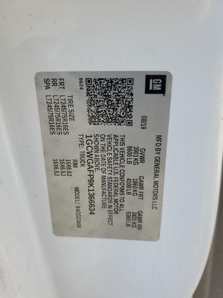 2019 Chevrolet Express G2500 VIN: 1GCWGAFP9K1366634 Lot: 82166935