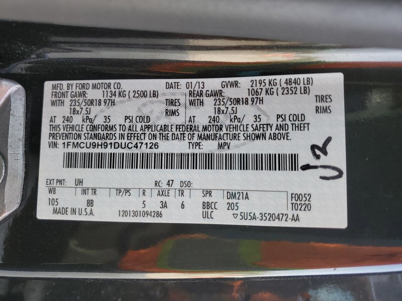 2013 Ford Escape Sel VIN: 1FMCU9H91DUC47126 Lot: 80825705