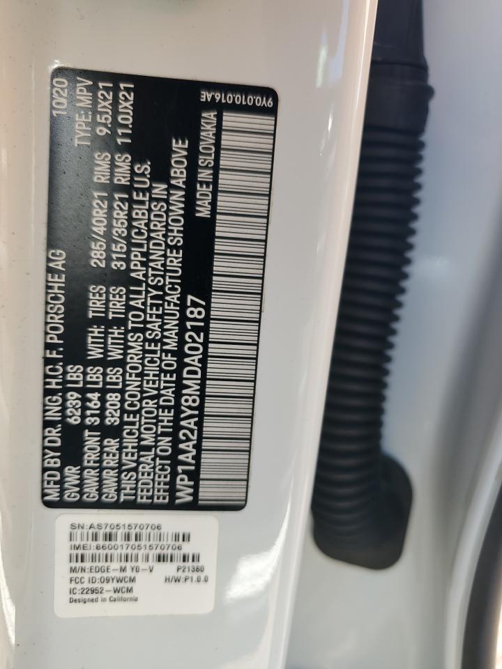 2021 Porsche Cayenne VIN: WP1AA2AY8MDA02187 Lot: 71059395