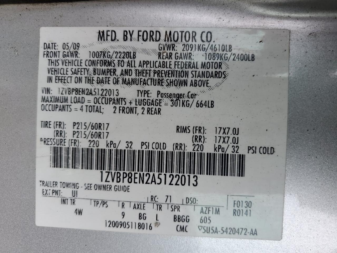 2010 Ford Mustang VIN: 1ZVBP8EN2A5122013 Lot: 84057095