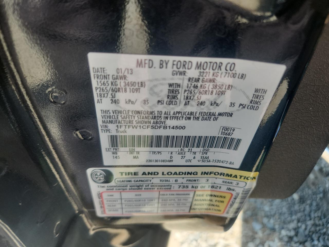 2013 Ford F150 Supercrew VIN: 1FTFW1CF5DFB14500 Lot: 80143765