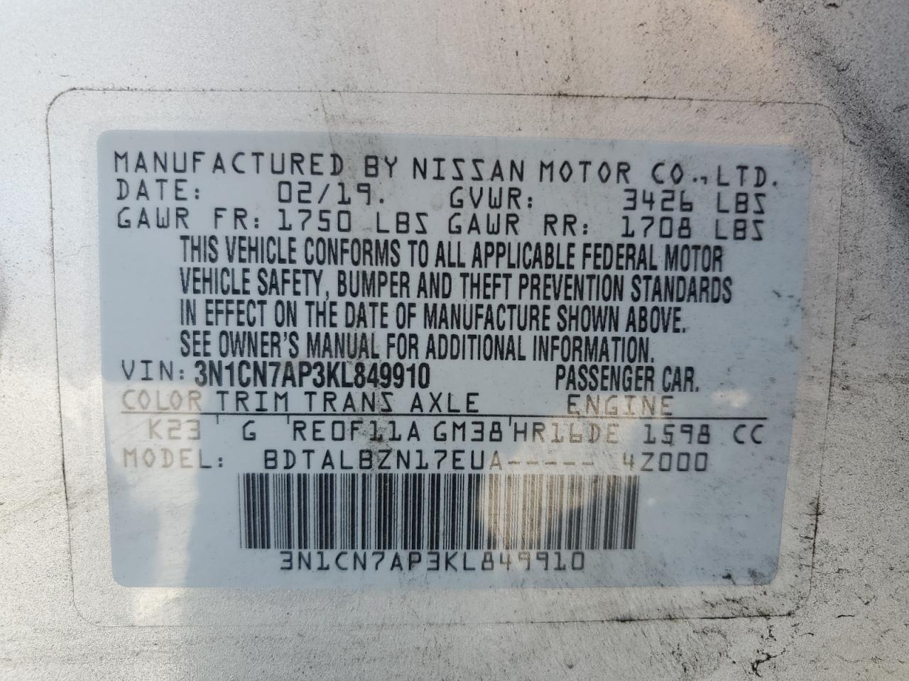 2019 Nissan Versa S VIN: 3N1CN7AP3KL849910 Lot: 84461525