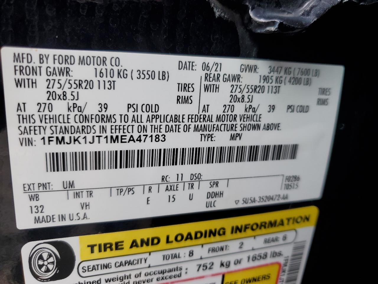 2021 Ford Expedition Max Xlt VIN: 1FMJK1JT1MEA47183 Lot: 70992645