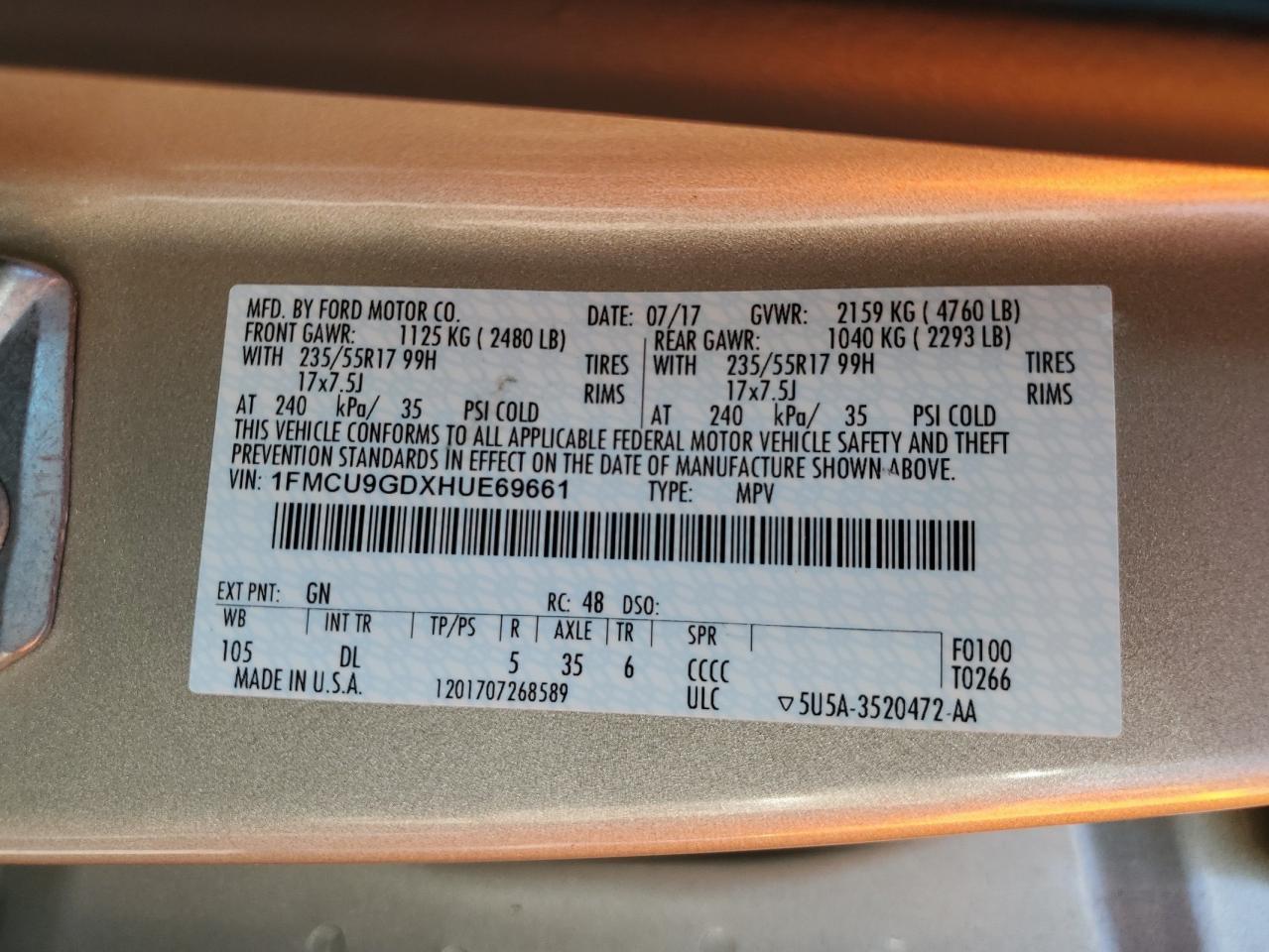 2017 Ford Escape Se VIN: 1FMCU9GDXHUE69661 Lot: 84370645