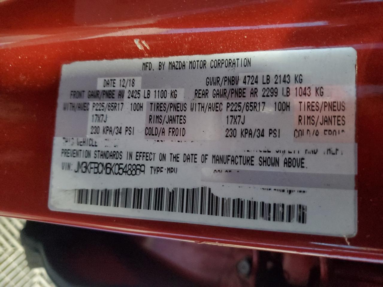 2019 Mazda Cx-5 Touring VIN: JM3KFBCM6K0548869 Lot: 80844105