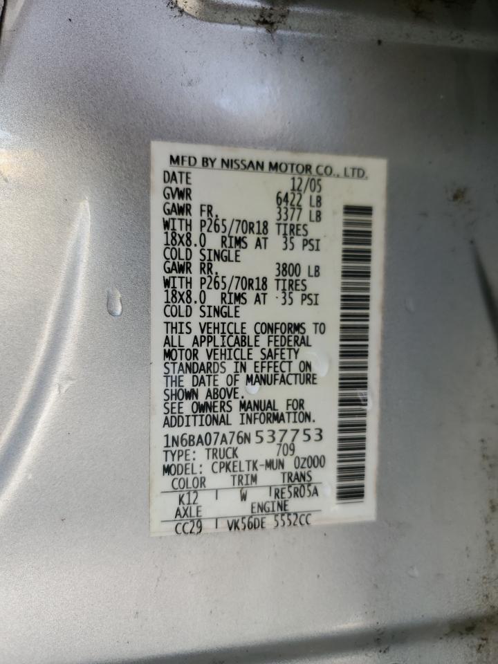 2006 Nissan Titan Xe VIN: 1N6BA07A76N537753 Lot: 81554885