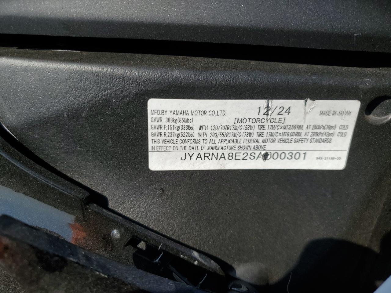 2025 Yamaha Yzf1000 D VIN: JYARNA8E2SA000301 Lot: 80440345